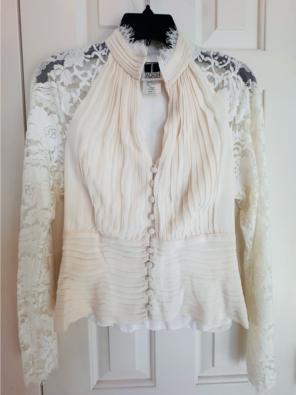 Tadashi Shoji Silk Cream Lace Pleated Button-Front Blouse